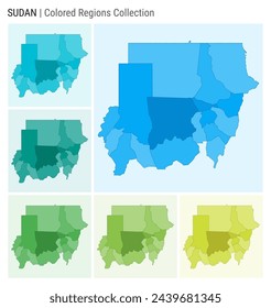 Colección de mapas de Sudán. Forma de país con regiones de color. Paletas de colores azul claro, cian, verde azulado, verde claro, verde lima. Frontera de Sudán con las provincias para su infografía. Ilustración vectorial.