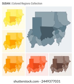 Sudan map collection. Country shape with colored regions. Blue Grey, Yellow, Amber, Orange, Deep Orange, Brown color palettes. Border of Sudan with provinces for your infographic. Vector illustration.