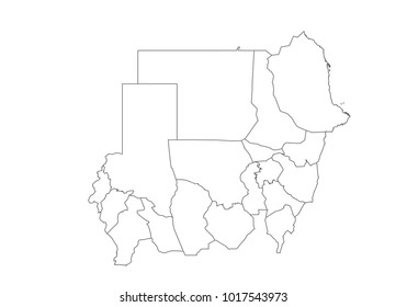 sudan map with country borders, thin black outline on white background. High detailed vector map with counties/regions/states - sudan. contour, shape, outline, on white.