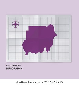 Sudan map country in folded grid paper