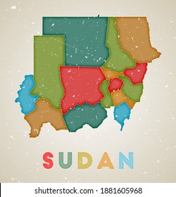Sudan map. Country poster with colored regions. Old grunge texture. Vector illustration of Sudan with country name.