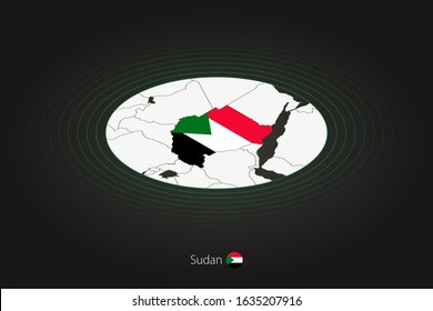 Sudan map in dark color, oval map with neighboring countries. Vector map and flag of Sudan