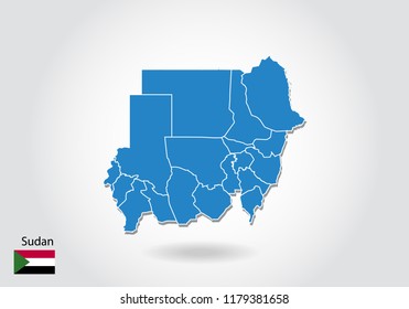 Sudan map design with 3D style. Blue Sudan map and National flag. Simple vector map with contour, shape, outline, on white.