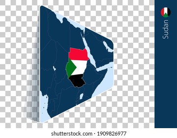 Mapa y bandera de Sudán sobre fondo transparente. Resaltó a Sudán en el mapa del vector azul.