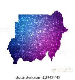 Mapa sudanés en azul geométrico con gradiente de estilo poligonal púrpura sobre fondo blanco. Ilustración vectorial Eps10.