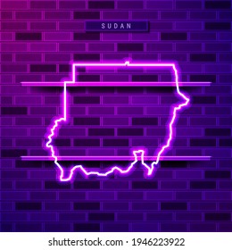 Sudan map glowing neon lamp sign. Realistic vector illustration. Country name plate. Purple brick wall, violet glow, metal holders.