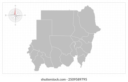 Mapa de Sudán con estilo gris y elemento compás.