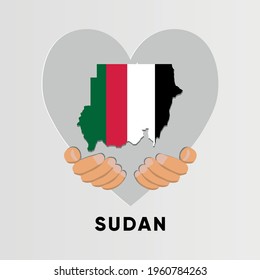 Sudan Map in heart shape hold by hands vector illustration design