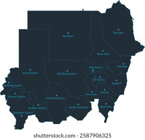 Sudan map high detailed with administrative divide by state, capital cities names, outline simplicity style. Vector illustration EPS10.