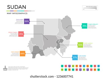Sudan  map infographics with editable separated layers, zones, elements and district area in vector