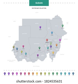 Sudan map with location pointer marks. Infographic vector template, isolated on white background. 