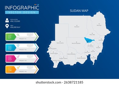 Sudan map with location pointer marks. High detailed country map with division, cities and capital infographic template. Vector illustration EPS10