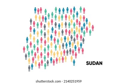 Sudan-Karte erstellt von einer Gruppe von Menschen, Bevölkerung. Globalisierung. Menschen aus verschiedenen Ländern