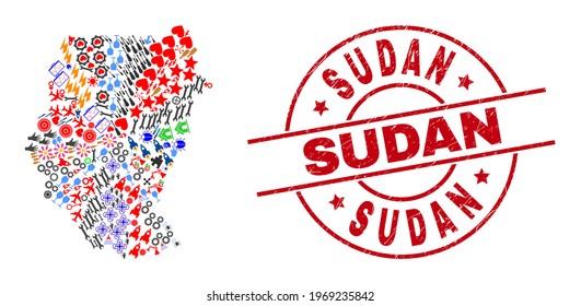 Sudan Karte Mosaik und Sudan roten Rundstempel Siegel. Die sudanesische Briefmarke verwendet Vektorlinien und Bögen. Mosaik auf der sudanesischen Landkarte umfasst Zahnräder, Häuser, Duschen, Sonnen, Weingläser und mehr Piktogramme.