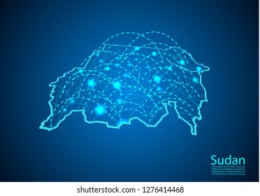 sudan map with nodes linked by lines. concept of global communication and business. Dark sudan map created from white dots with travel locations or internet connection.