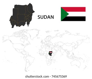 Sudan map on a world map with flag on white background.