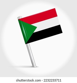 Sudan map pin flag icon. Sudanese pennant map marker on a metal needle. 3D realistic vector illustration.