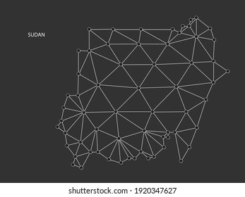 El punto de mapa de Sudán escala en el fondo negro. Línea blanca, punto y punto de sombra de la red poligonal con marco de cable.