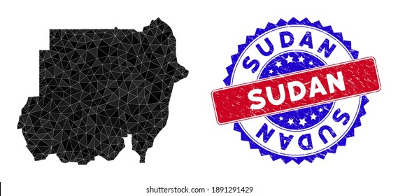 Sudan map polygonal mesh with filled triangles, and scratched bicolor stamp imitation. Triangle mosaic Sudan map with mesh vector model, triangles have variable sizes, and positions, and color tinges.