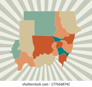 Sudan map. Poster with map of the country in retro color palette. Shape of Sudan with sunburst rays background. Vector illustration.
