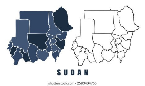 Sudan map regions border outline vector set
