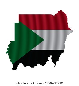 Sudan map with rippled flag on white illustration. Waving Fabric Flag Map of Sudan. Map of Africa. Vector White Background. Vector illustration eps10.