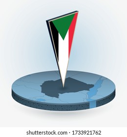 Sudan Karte im runden isometrischen Stil mit dreieckiger 3D-Flagge des Sudan, Vektorkarte in blau Farbe. 