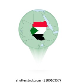 Sudan map, stylish location icon with Sudan map and flag. Green pin icon.