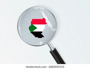 Sudão Mapa sob Lupa com Sobreposição de Bandeira Nacional. A imagem representa foco geográfico, identidade nacional e exploração.