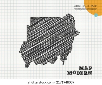 Sudan map of vector black silhouette chaotic hand drawn scribble sketch on grid paper used for notes or decoration.