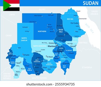 Sudan Map Vector Blue Spot - Customizable layered political map of Sudan with administrative divisions for website, education, reports, news, politics, print, poster and wallpaper