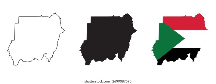 Sudan map vector set with editable country outline black silhouette and national flag featuring red white black horizontal stripes with green triangle for geography and education illustration