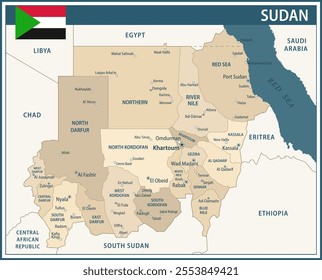 Sudan Map Vector Vintage Dark Blue Beige - Customizable layered political map of Sudan with administrative divisions for website, education, reports, news, politics, print, poster and wallpaper