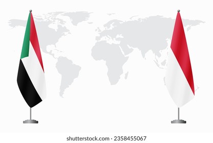 Sudan and Monaco flags for official meeting against background of world map.