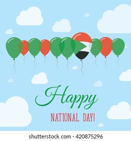 Sudan National Day Flat Patriotic Poster. Row of Balloons in Colors of the Sudanese flag. Happy National Day Sudan Card with Flags, Balloons, Clouds and Sky.