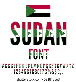 Sudan National flag flat stylized Font. Alphabet and Numbers in Vector Set