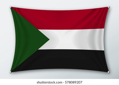 Sudan national flag. Symbol of the country on a stretched fabric with waves attached with pins. Realistic vector illustration.