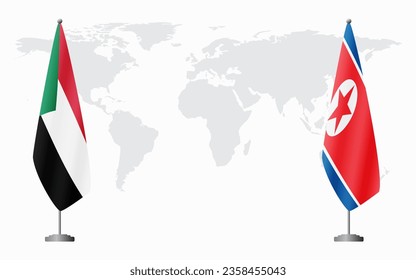 Sudan and North Korea flags for official meeting against background of world map.
