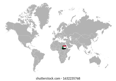 Sudan on detailed world map. With overlay Sudan flag. The location of the country of Sudan on the world map.