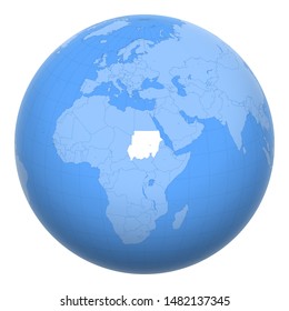 Sudan on the globe. Earth centered at the location of the Republic of the Sudan. Map of Sudan. Includes layer with capital cities.