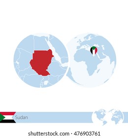 Sudan on world globe with flag and regional map of Sudan. Vector Illustration.