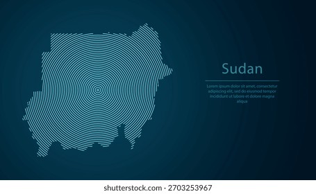Mapa de contorno de Sudão preenchido com círculos concêntricos no fundo de gradiente escuro