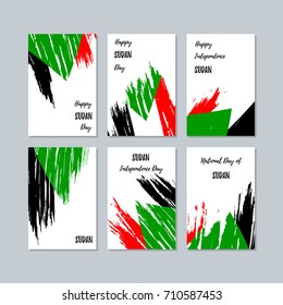 Sudan Patriotic Cards for National Day. Expressive Brush Stroke in National Flag Colors on white card background. Sudan Patriotic Vector Greeting Card.