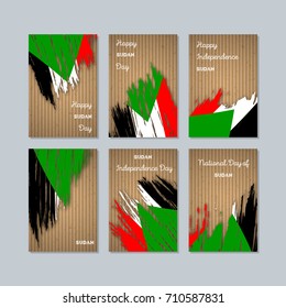 Sudan Patriotic Cards for National Day. Expressive Brush Stroke in National Flag Colors on kraft paper background. Sudan Patriotic Vector Greeting Card.
