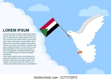 Sudan peace concept with text area, Dove of Peace bird with Sudan flag in its beak, dove flying in the clouds, vector illustration design, Sudan peace day template, freedom idea