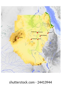 Sudan. Physical vector map, colored according to elevation, with rivers and selected cities. Surrounding territory greyed out. 62 named layers, fully editable. Data source: NASA