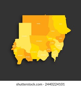 Sudan political map of administrative divisions - states. Yellow shade flat vector map with name labels and dropped shadow isolated on dark grey background.