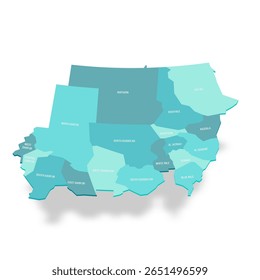 Mapa político de divisões administrativas do Sudão - estados. Mapa de vetor turquesa 3D com rótulos de nome.