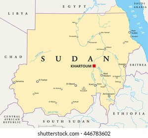 Mapa político de Sudán con la capital Jartum, fronteras nacionales, ciudades importantes, ríos y lagos. Ilustración con etiquetado y escalado en inglés.