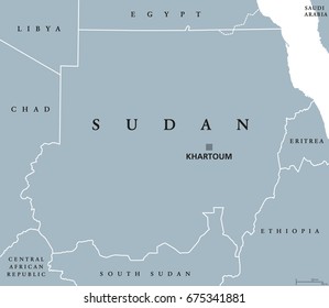 Sudan political map with capital Khartoum and national borders. North Sudan, republic and Arab country in Northern Africa. Gray illustration isolated on white background. English labeling. Vector.